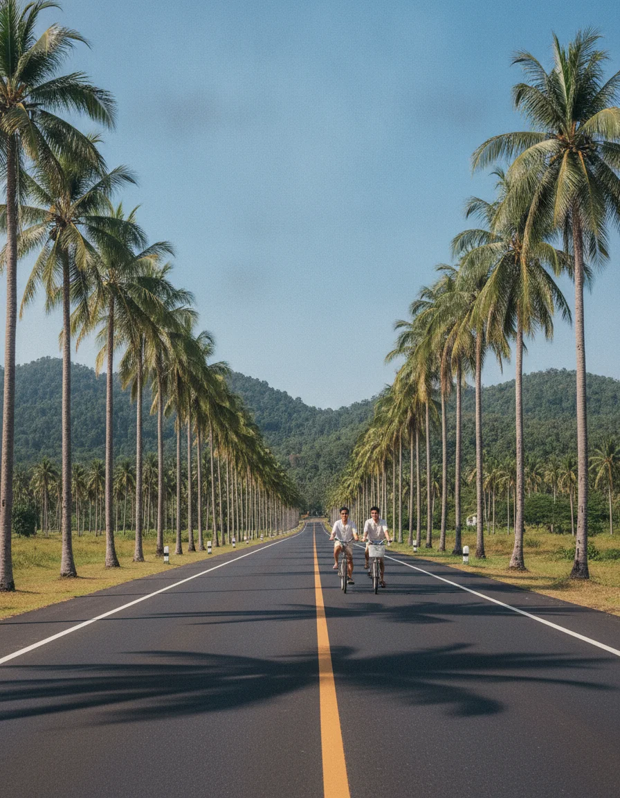 The quiet Road 4014 leading into Khanom, a well-paved two-lane highway flanked by tall palm trees and green hills, with very little traffic and clear blue skies above