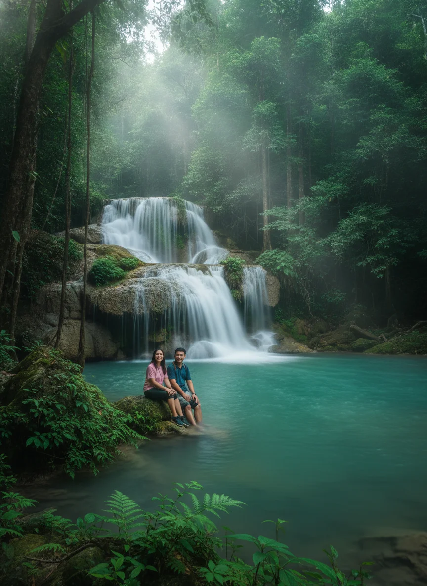 An atmospheric shot of the Samet Chun Waterfall in Khanom with water cascading over limestone tiers into a turquoise pool, surrounded by dense tropical foliage and large ferns