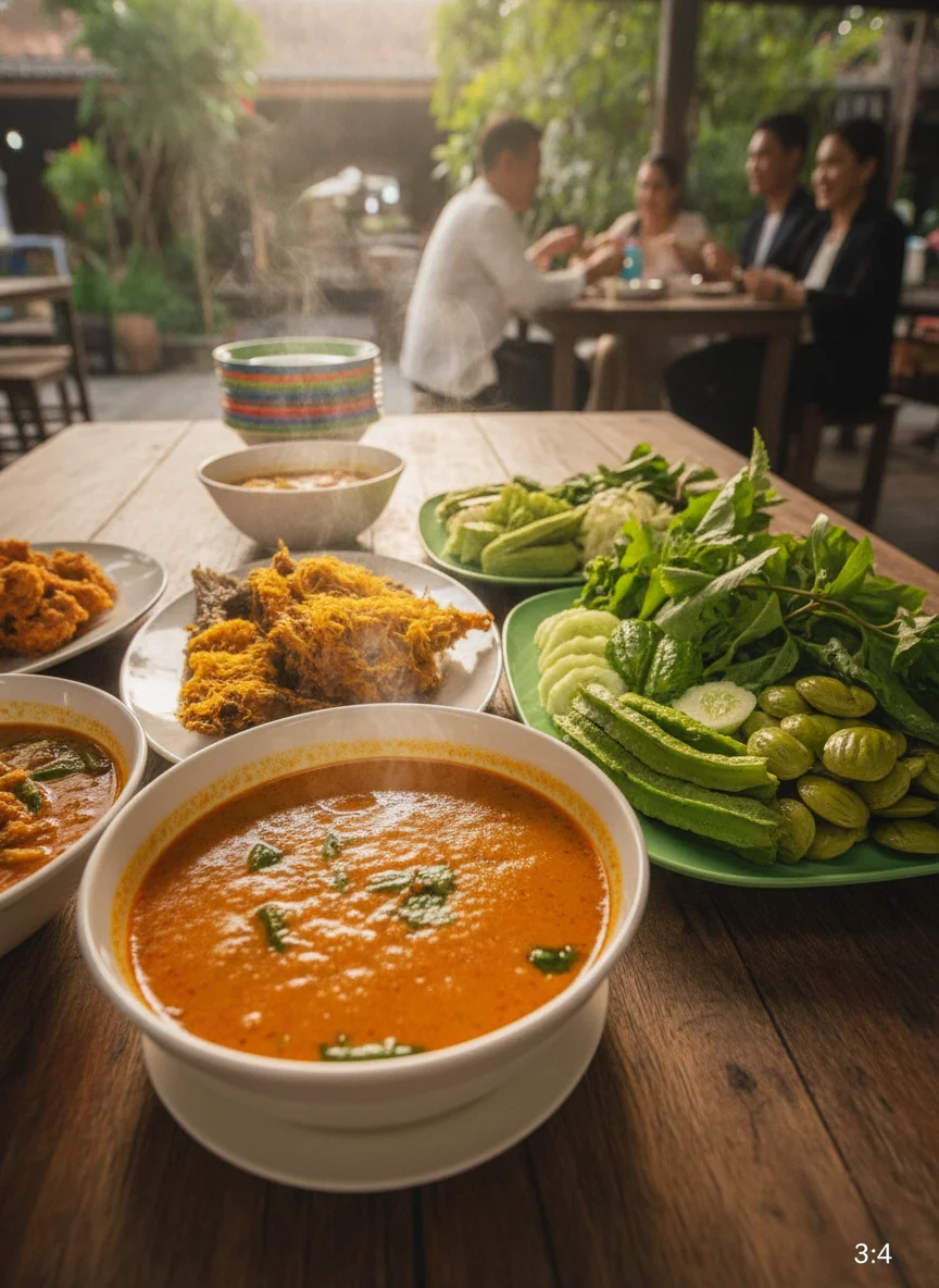 A scene at a local Khanom eatery showing a table spread with southern Thai dishes including a bright orange Gaeng Som curry, a plate of fresh turmeric-fried fish, and a large platter of raw local vegetables and herbs known as Phak Sot