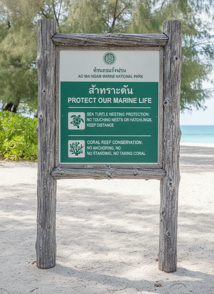 Marine life awareness and conservation sign at Ao Mai Ngam