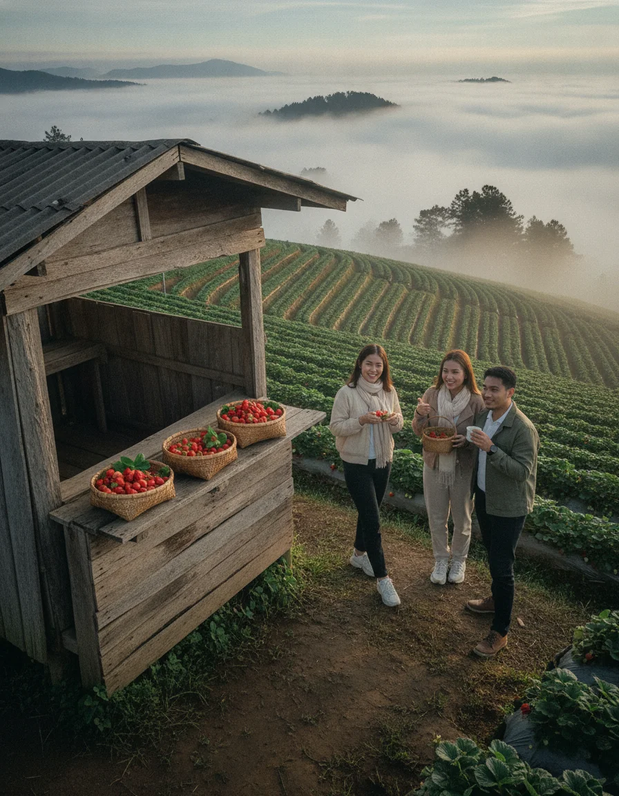 a practical or atmospheric scene at or near Khao Kho - Phetchabun — a local strawberry farm with rows of green plants and a small wooden shack selling baskets of red berries