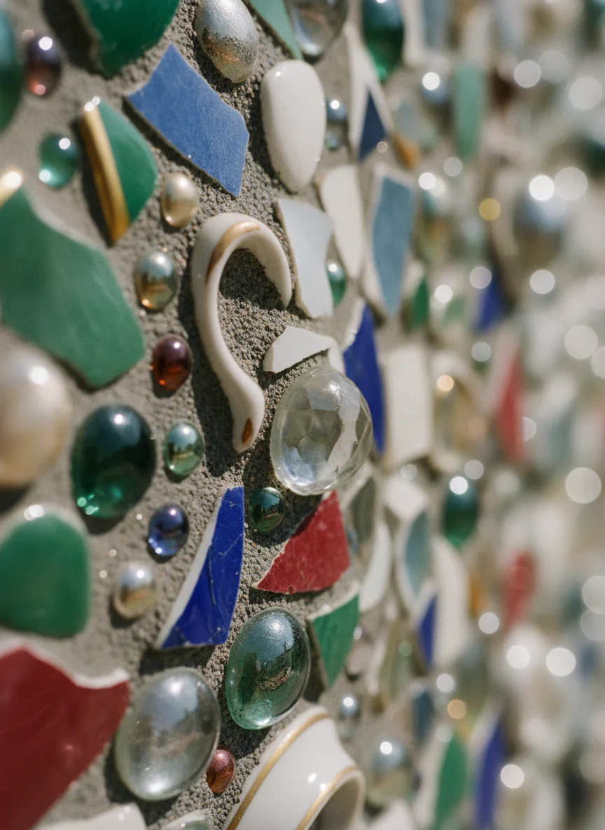 a detail shot of a landmark, local scene, food, or cultural element specific to Khao Kho - Phetchabun — a close-up of the intricate mosaic patterns on the temple walls, featuring broken ceramic cups and colourful glass beads