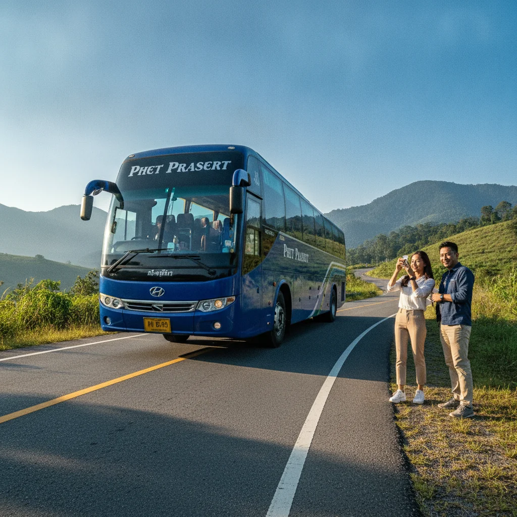 the approach road, bus station, ferry pier, or transport hub serving Khao Kho - Phetchabun — a winding mountain highway with yellow lines and green hills, with a blue Phet Prasert intercity bus driving toward the viewer