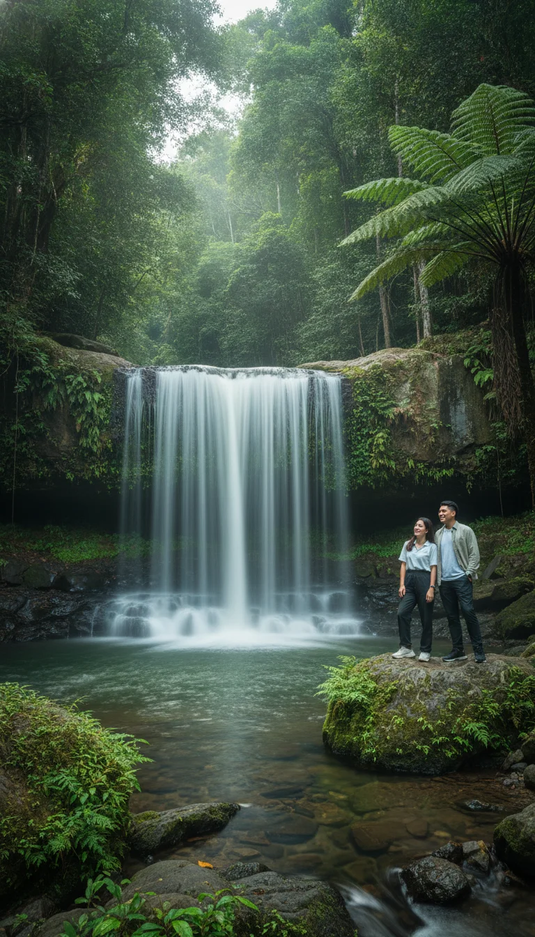 Sri Dit Waterfall in Khao Kho, showing a wide, single-tier fall of water over a flat rock ledge into a shallow pool surrounded by lush green trees