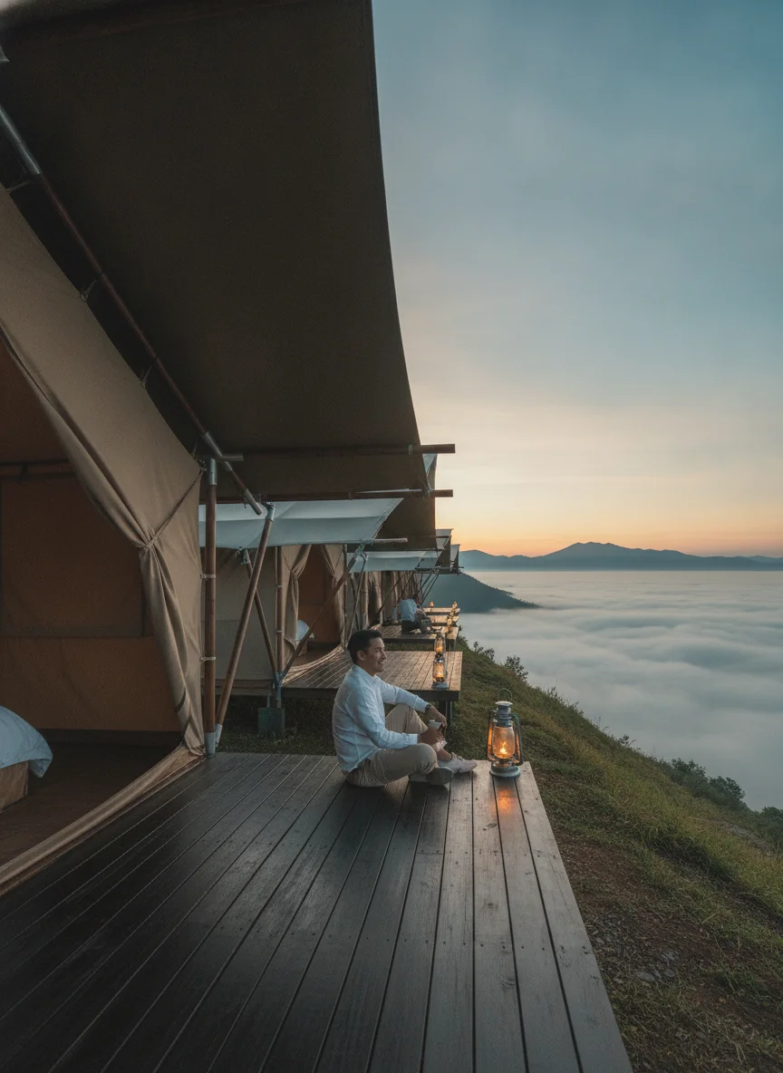 a row of luxury safari-style tents at a campsite in Khao Kho overlooking a valley filled with white clouds at dawn