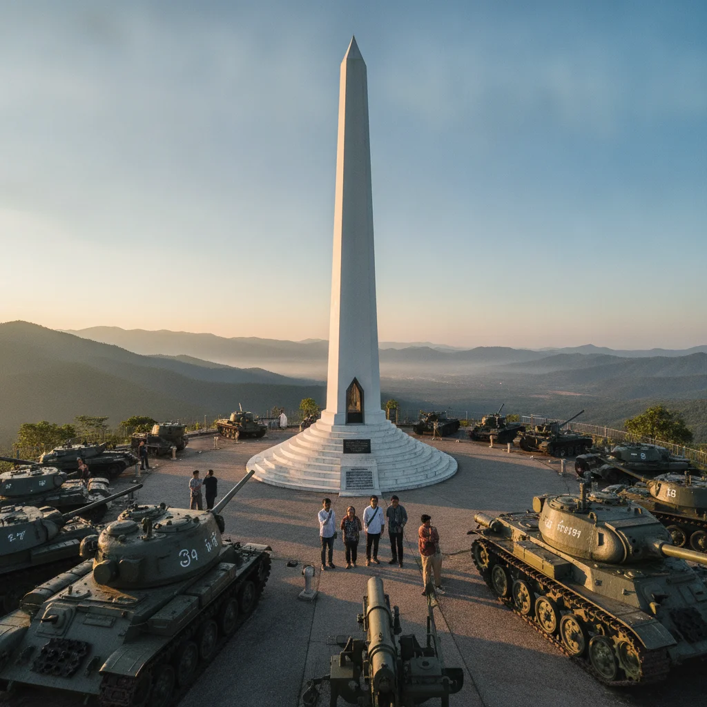 atmospheric shot showing a key landmark, viewpoint, market, temple, or natural feature at Khao Kho - Phetchabun — the Khao Kho Memorial, a tall white triangular pillar standing on a hilltop surrounded by artillery guns and military vehicles