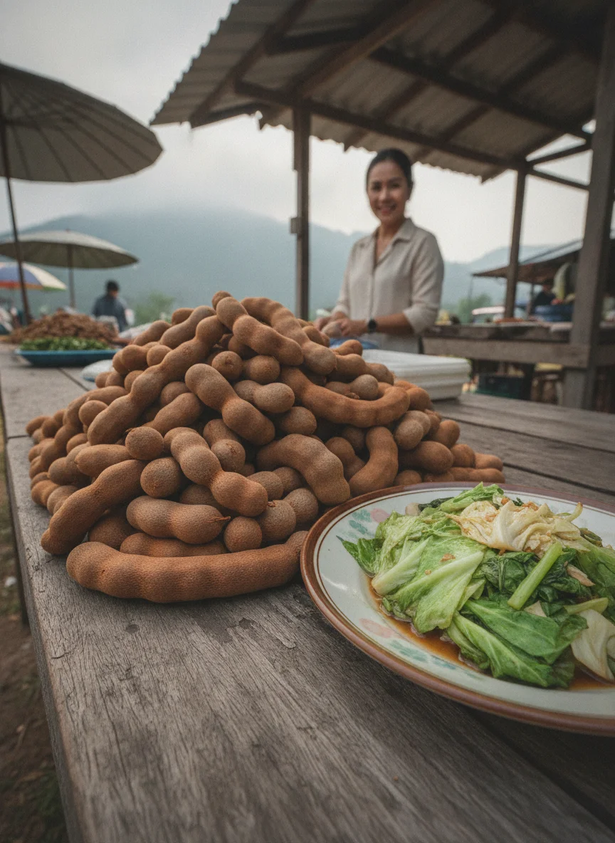 a scene showing the reality of daily life, food, or activity at Khao Kho - Phetchabun — a local market stall piled high with brown, velvety sweet tamarind pods and a wooden table featuring a plate of stir-fried cabbage with fish sauce