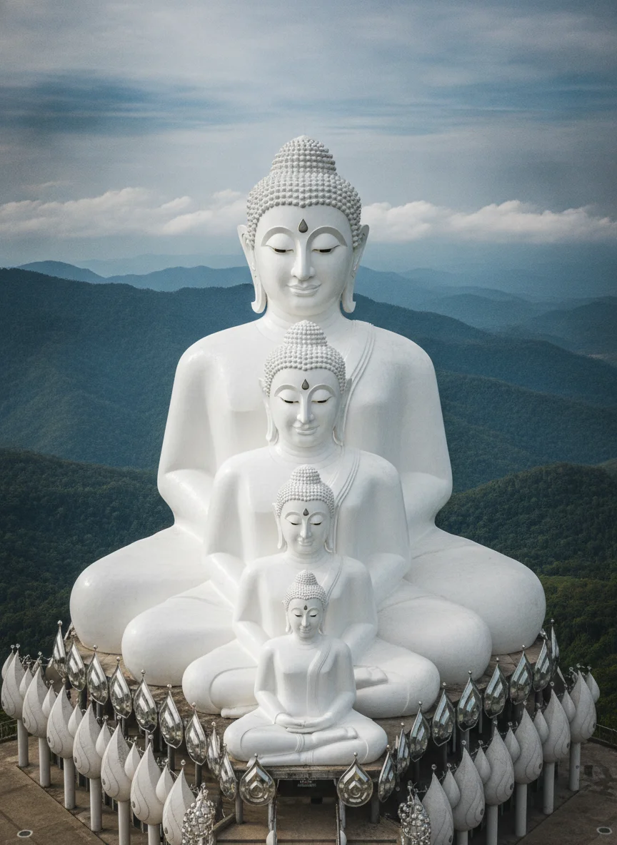 the five white sitting Buddha statues of Wat Phra That Pha Sorn Kaew arranged in descending size against a backdrop of green mountains and a cloudy sky