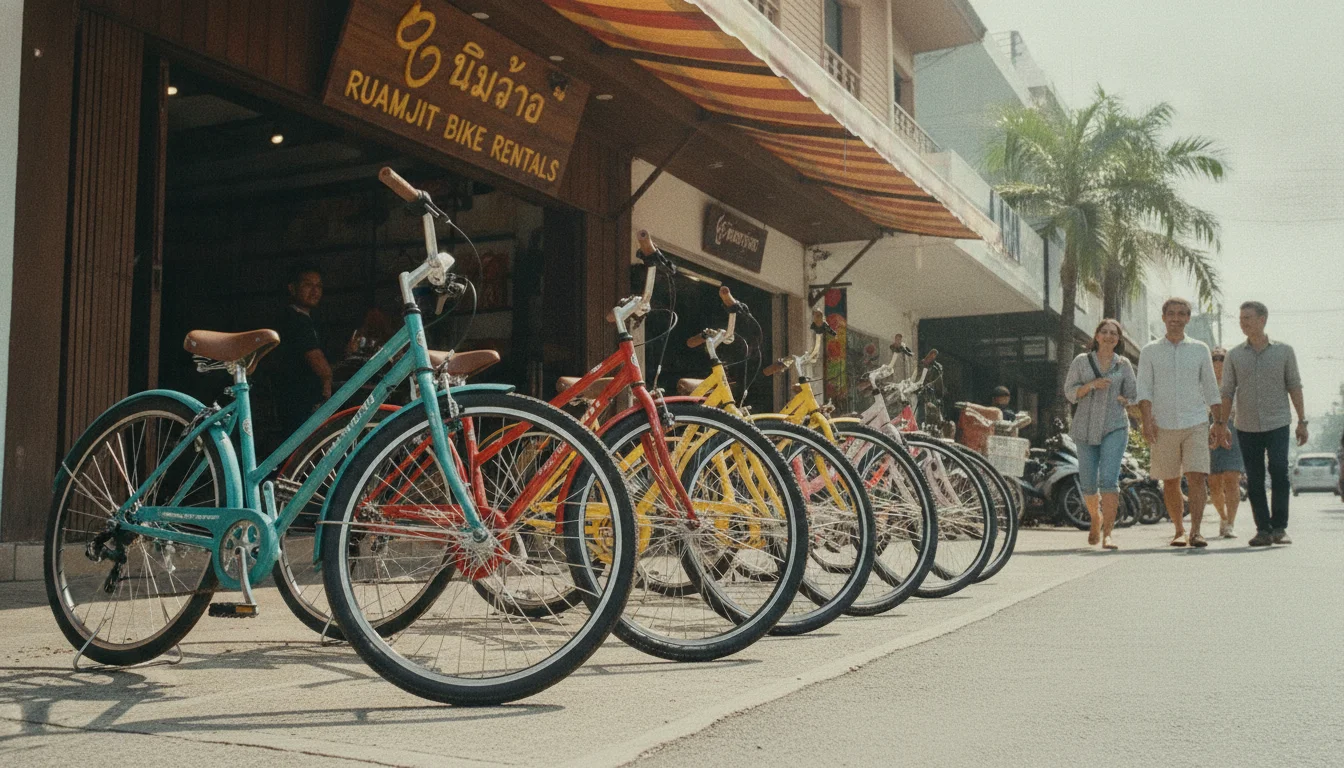 A street-level view of a local bicycle rental shop on Ruamjit Road, with rows of colourful cruisers and mountain bikes lined up on the pavement.
