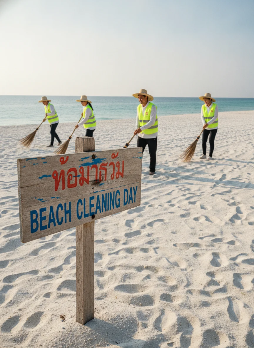 A close-up shot of a "Beach Cleaning Day" sign in Thai and English, showing an empty stretch of sand with no chairs or umbrellas, and a few local workers with brooms in the distance.
