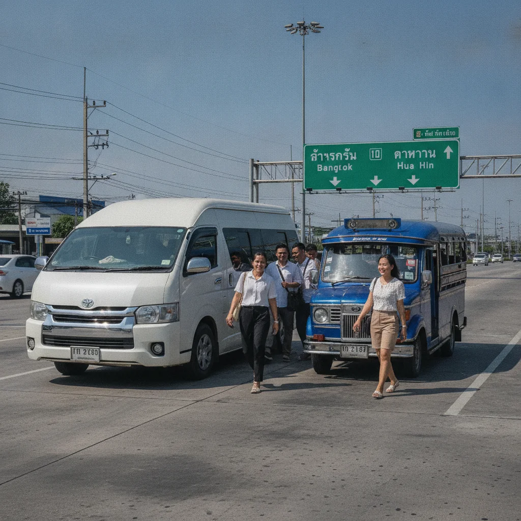 The Cha-am transport hub area near the Phetkasem Road intersection, showing a white Toyota Commuter minivan parked next to a blue local songthaew, with a large green overhead sign pointing towards Bangkok and Hua Hin.