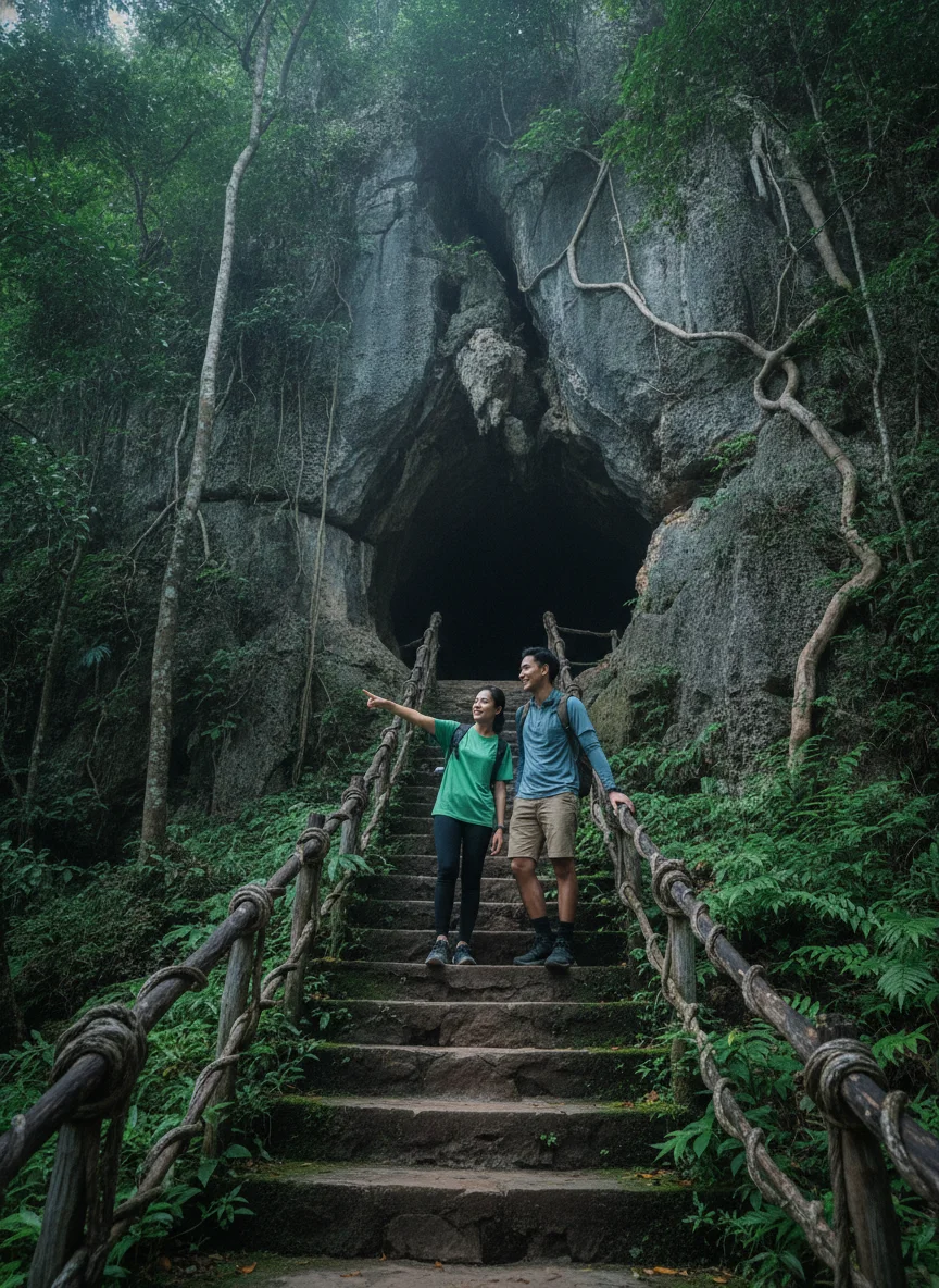An atmospheric shot of the limestone cliffs of Khao Nang Phanthurat Forest Park, showing a steep staircase leading up into a forested cave opening, with lush green tropical foliage clinging to the grey rock face.