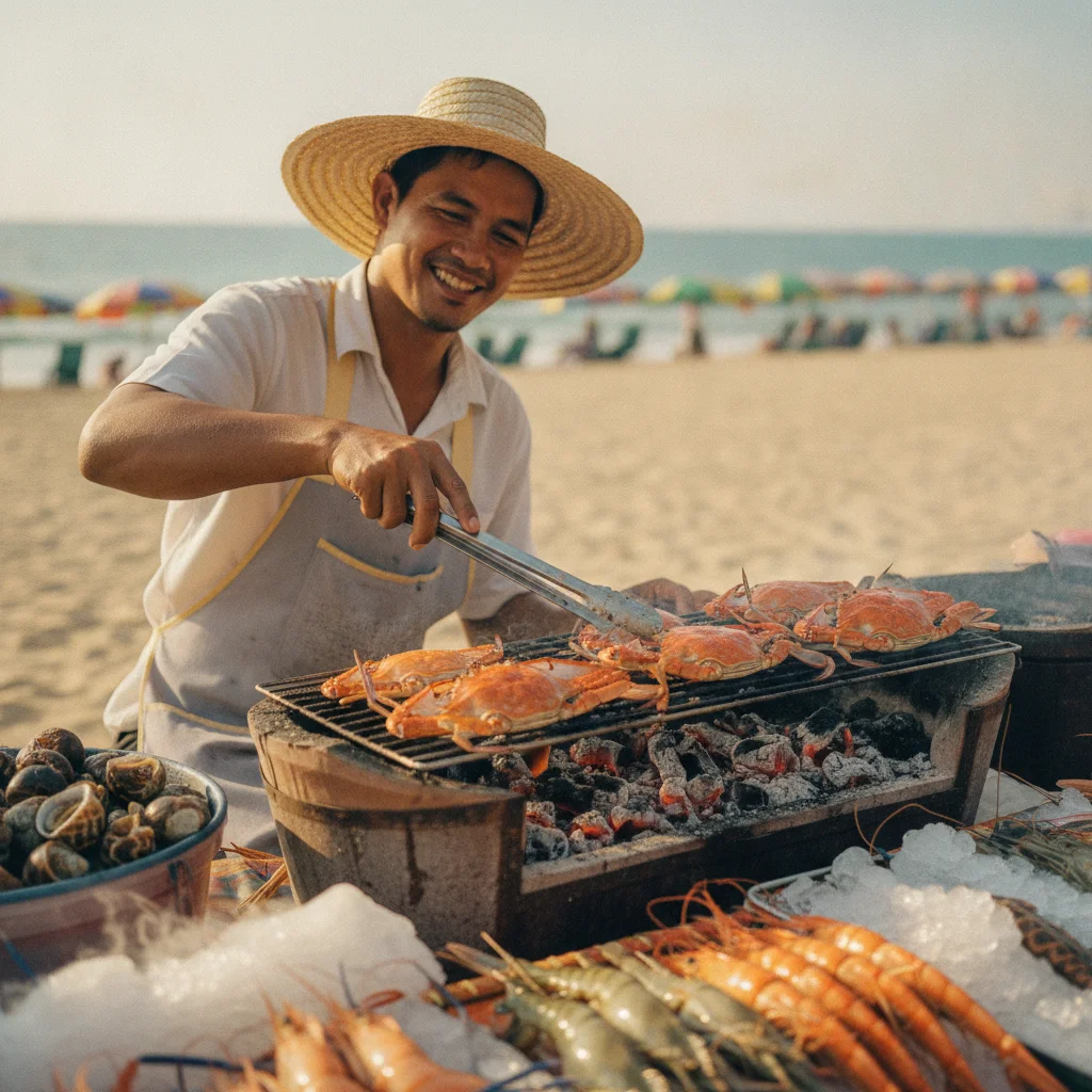 A scene at the northern end of Cha-am Beach showing a local seafood vendor in a wide-brimmed hat grilling large blue swimming crabs on a charcoal brazier, with plastic buckets of live lightning dove snails and iced displays of prawns in the foreground.