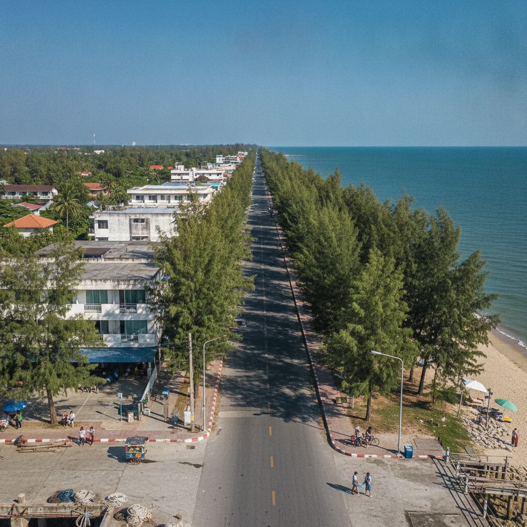A wide establishing shot of Cha-am Beach looking south from the fishing pier, showing the long, straight coastline lined with thousands of green casuarina trees, the narrow Ruamjit Road running parallel to the sand, and low-rise concrete guesthouses and hotels across the street under a clear sky.