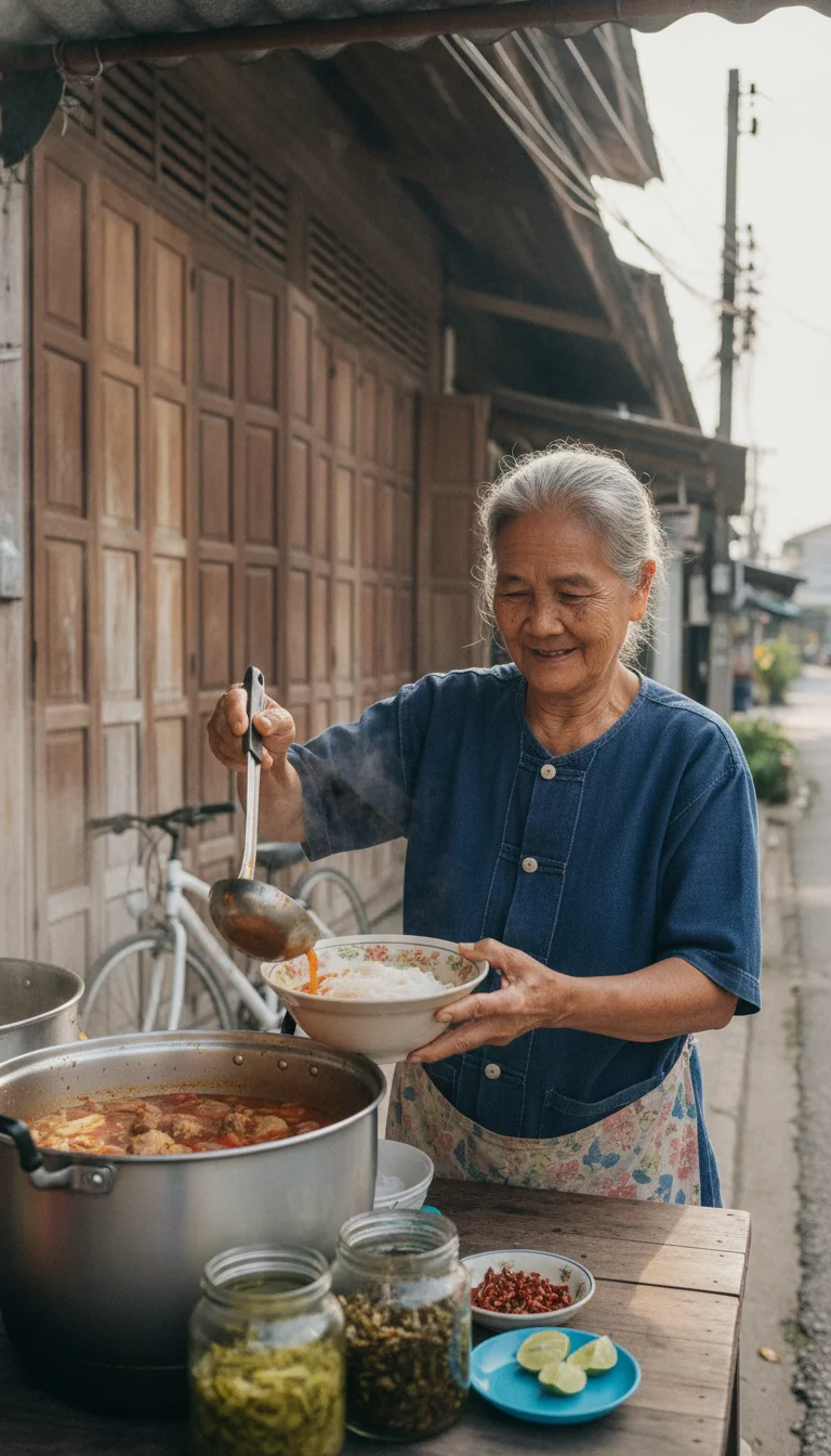 Elderly Thai vendor at a street stall