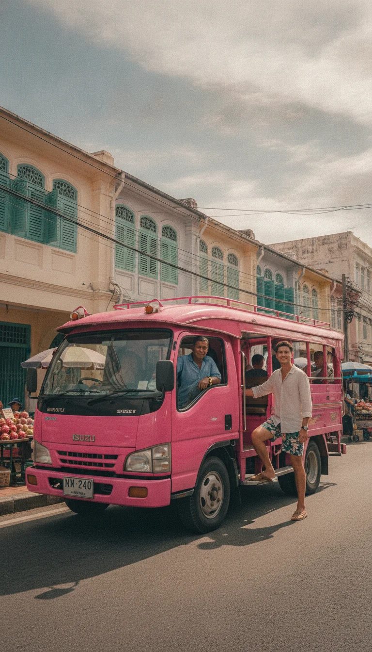 a practical or atmospheric scene at or near Phuket City — a local pink songtheaw truck waiting for passengers near the busy Ranong Road market