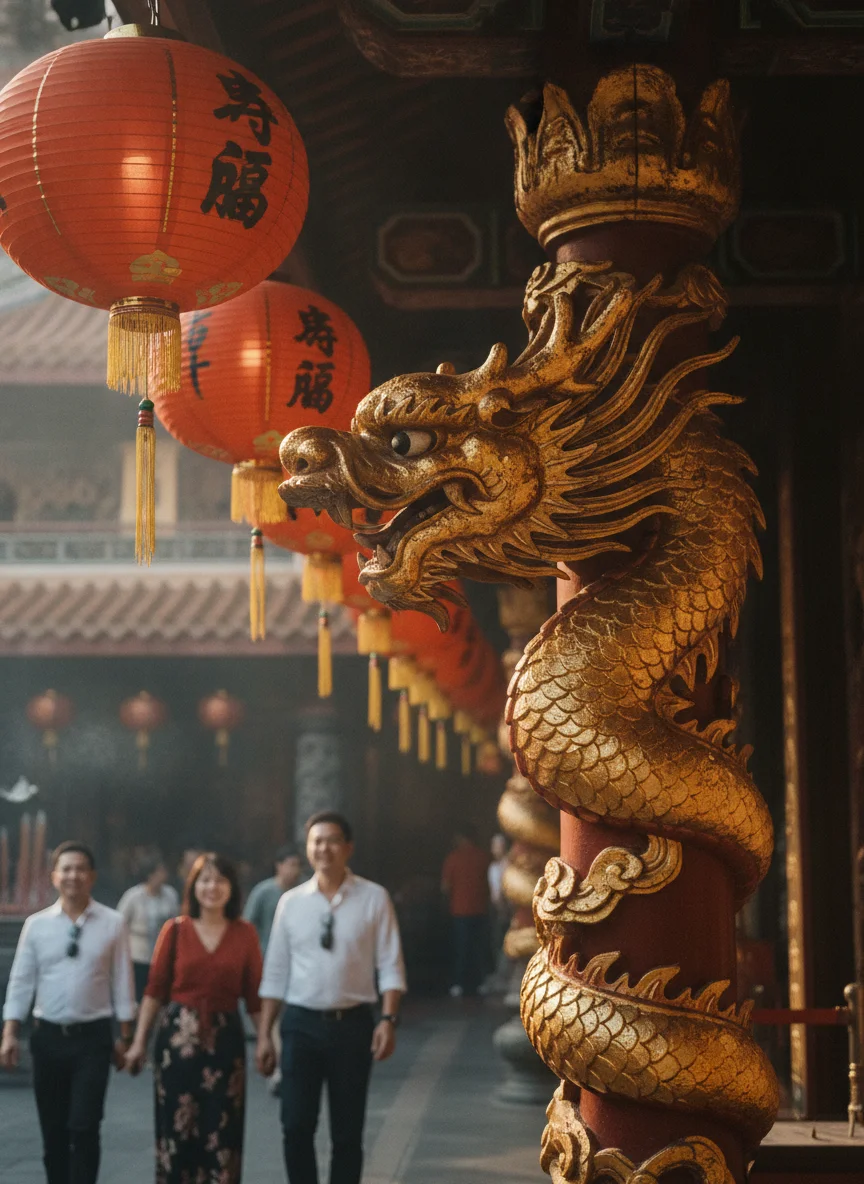 a detail shot of a landmark, local scene, food, or cultural element specific to Phuket City — a close-up of the intricate gold dragon carvings and red lanterns hanging at the entrance of Jui Tui Shrine