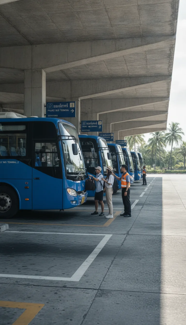 the approach road, bus station, ferry pier, or transport hub serving Phuket City — Phuket Bus Terminal 2 with modern blue buses parked in bays under a concrete canopy