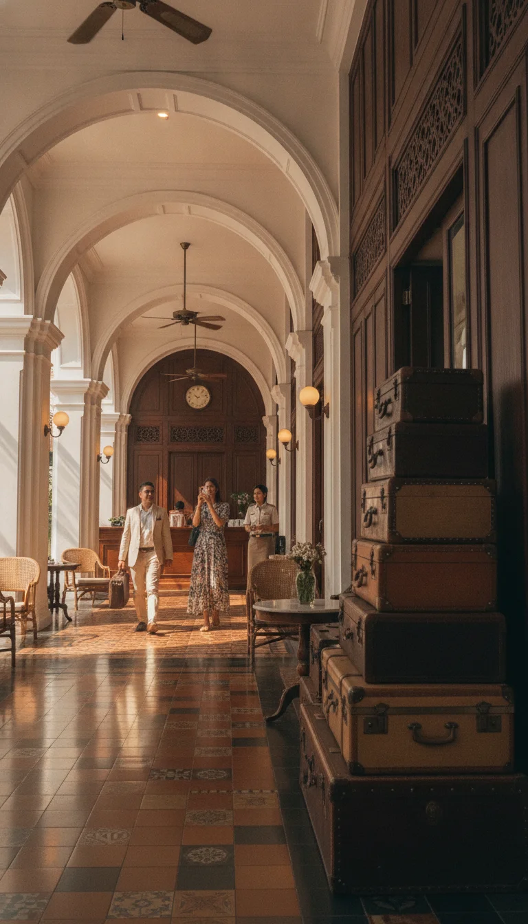 atmospheric shot showing a key landmark, viewpoint, market, temple, or natural feature at Phuket City — the grand entrance lobby of The Memory at On On Hotel, featuring dark wood panelling, vintage leather suitcases, and classical arches