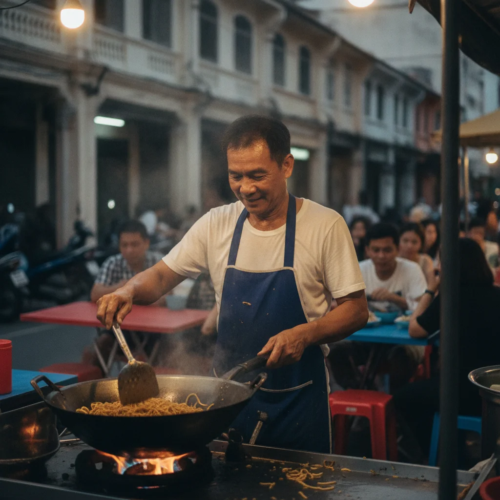 a scene showing the reality of daily life, food, or activity at Phuket City — a street-food vendor preparing bowls of Hokkien noodles on a large metal wok, surrounded by small plastic tables and local diners on stools