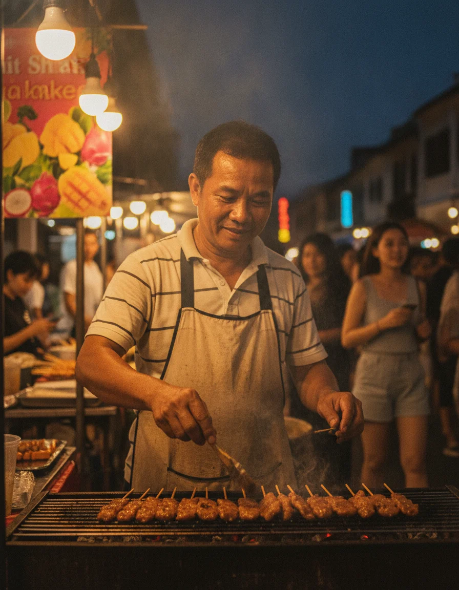 a practical or atmospheric scene at or near Phuket Island — a busy local evening market with stalls selling grilled skewers, fresh fruit shakes, and clothing under bright hanging bulbs in Phuket Town