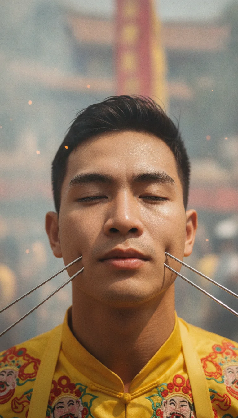 a detail shot of a landmark, local scene, food, or cultural element specific to Phuket Island — a close-up of a participant in the Phuket Vegetarian Festival, their cheeks pierced with traditional silver needles, surrounded by haze from firecrackers