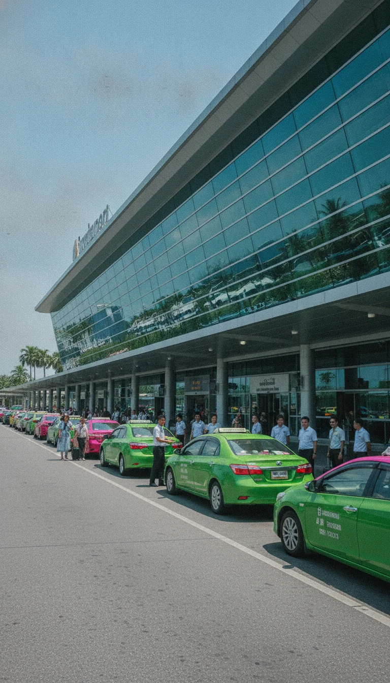 the approach road, bus station, ferry pier, or transport hub serving Phuket Island — the modern glass facade of Phuket International Airport Terminal 2, with regional airport taxis lined up along the curbside under metal sun shelters