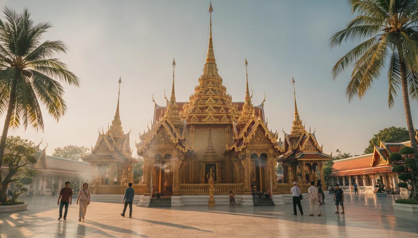 atmospheric shot showing a key landmark, viewpoint, market, temple, or natural feature at Phuket Island — the intricate golden spires and red-roofed pavilions of Wat Chalong temple reflecting in the late afternoon sun, with incense smoke drifting gently through the open doorways