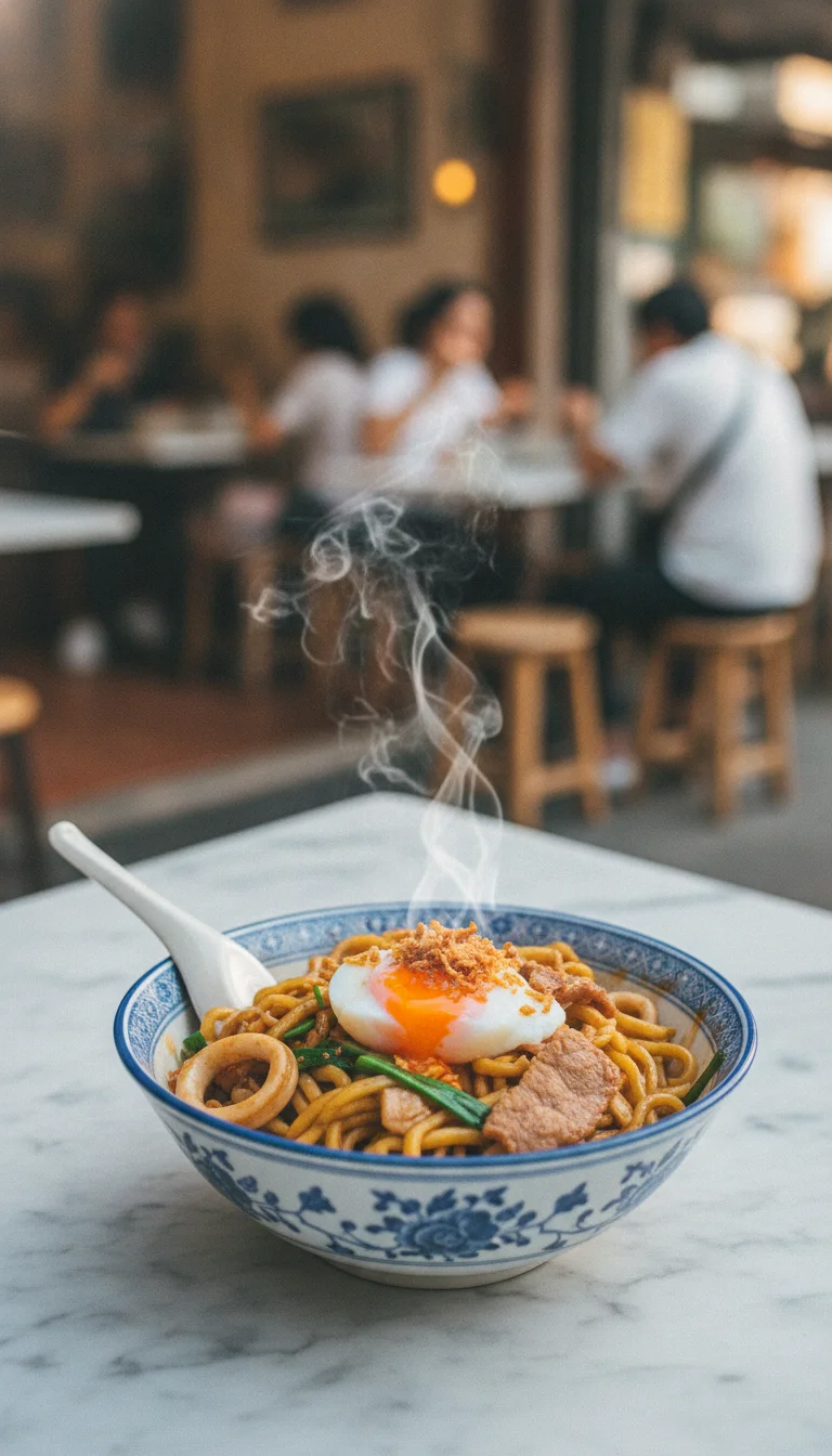 a scene showing the reality of daily life, food, or activity at Phuket Island — a steaming bowl of thick yellow Hokkien noodles topped with pork, squid, and a soft-boiled egg, served on a marble-topped table inside the traditional Mee Ton Poe restaurant in Phuket Town
