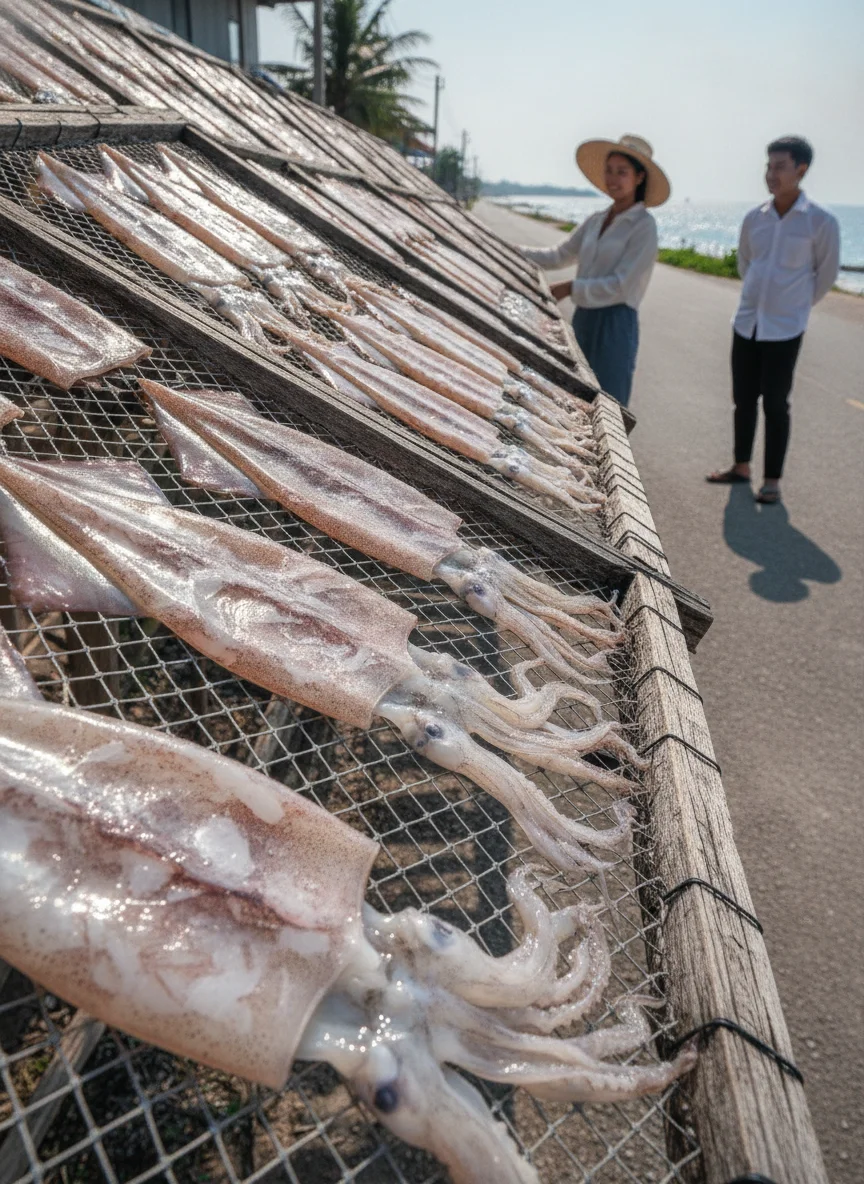 Freshly caught squid drying on traditional racks Freshly caught squid drying on traditional racks