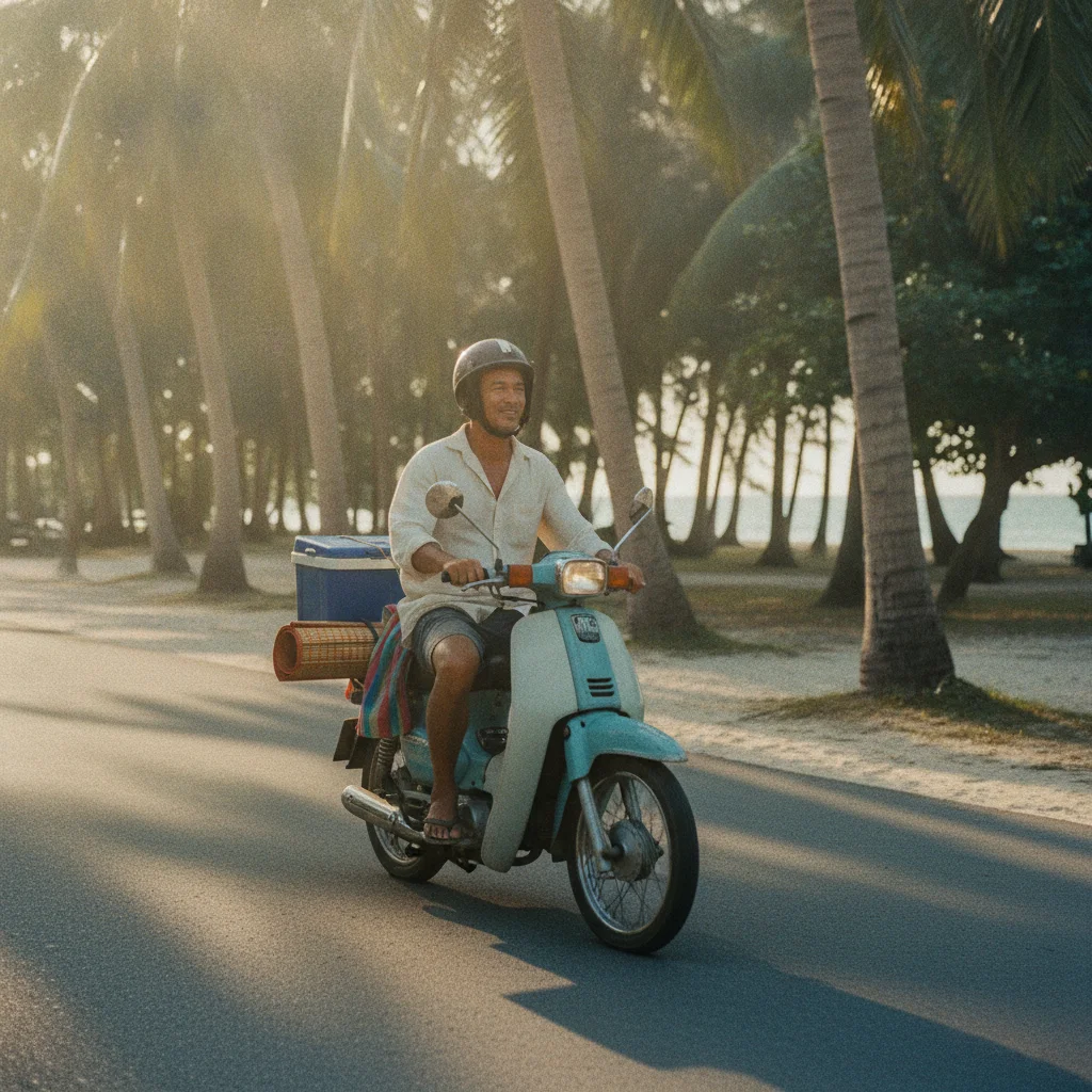 rider on a motor scooter with beach supplies rider on a motor scooter with beach supplies