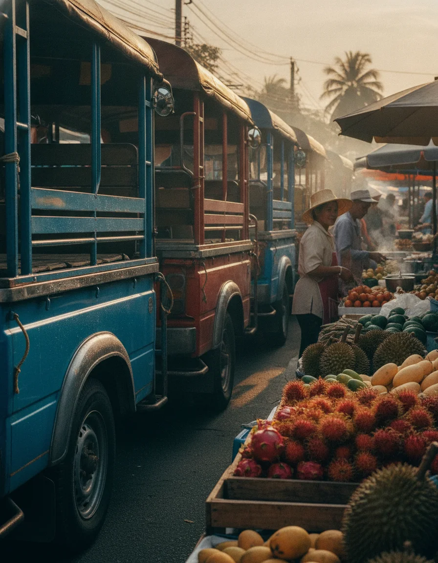 fleet of colourful songthaew trucks and fresh fruit market display fleet of colourful songthaew trucks and fresh fruit market display