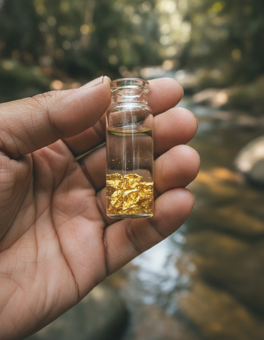 Hand holding a glass vial of Bang Saphan gold Hand holding a glass vial of Bang Saphan gold