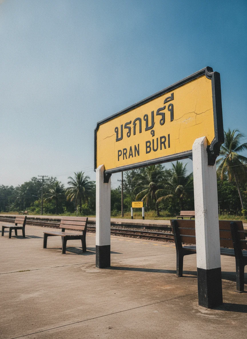 Pran Buri railway station platform sign