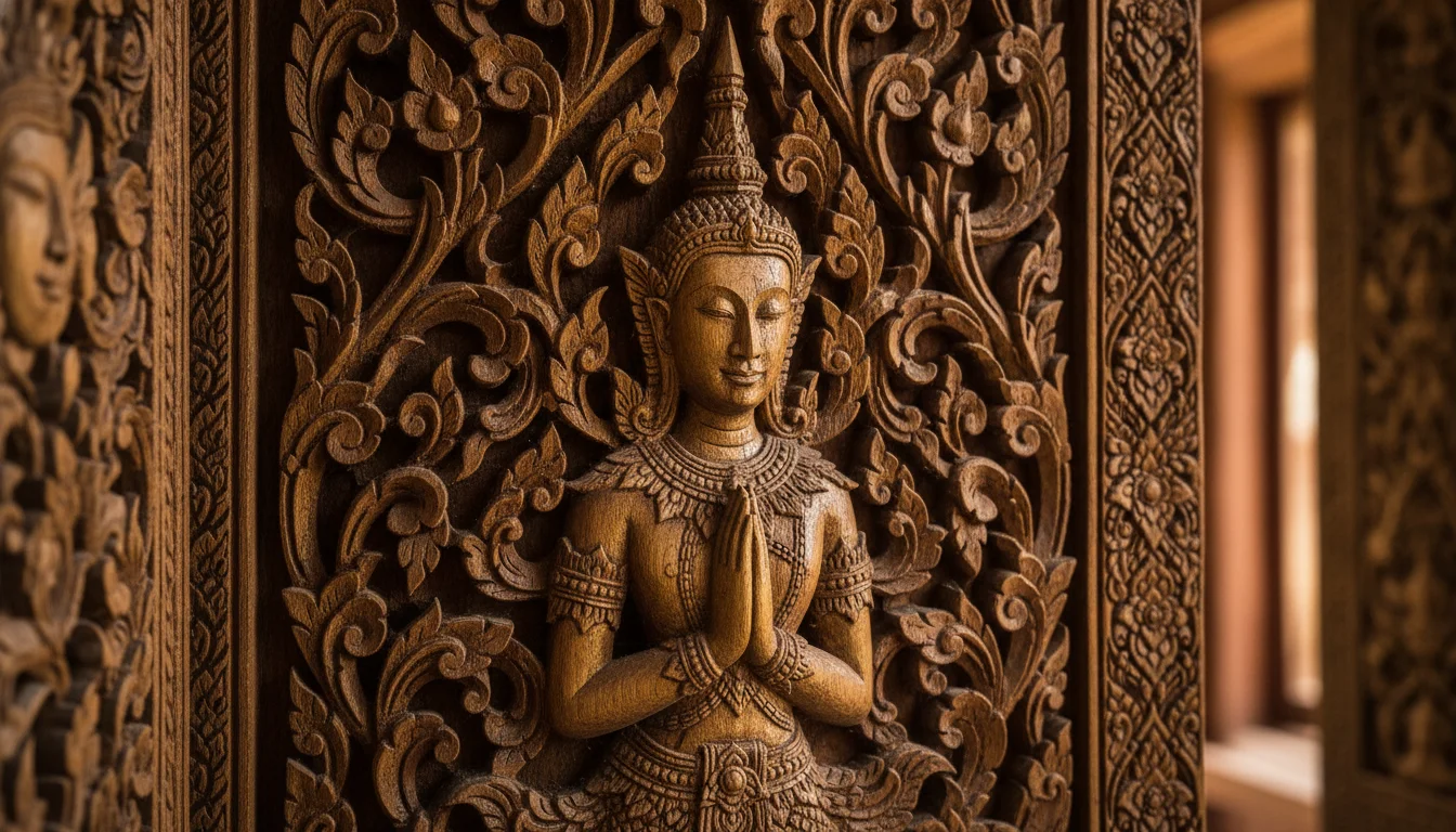 Hand-carved teakwood panel at Wat Huai Leuk Hand-carved teakwood panel at Wat Huai Leuk