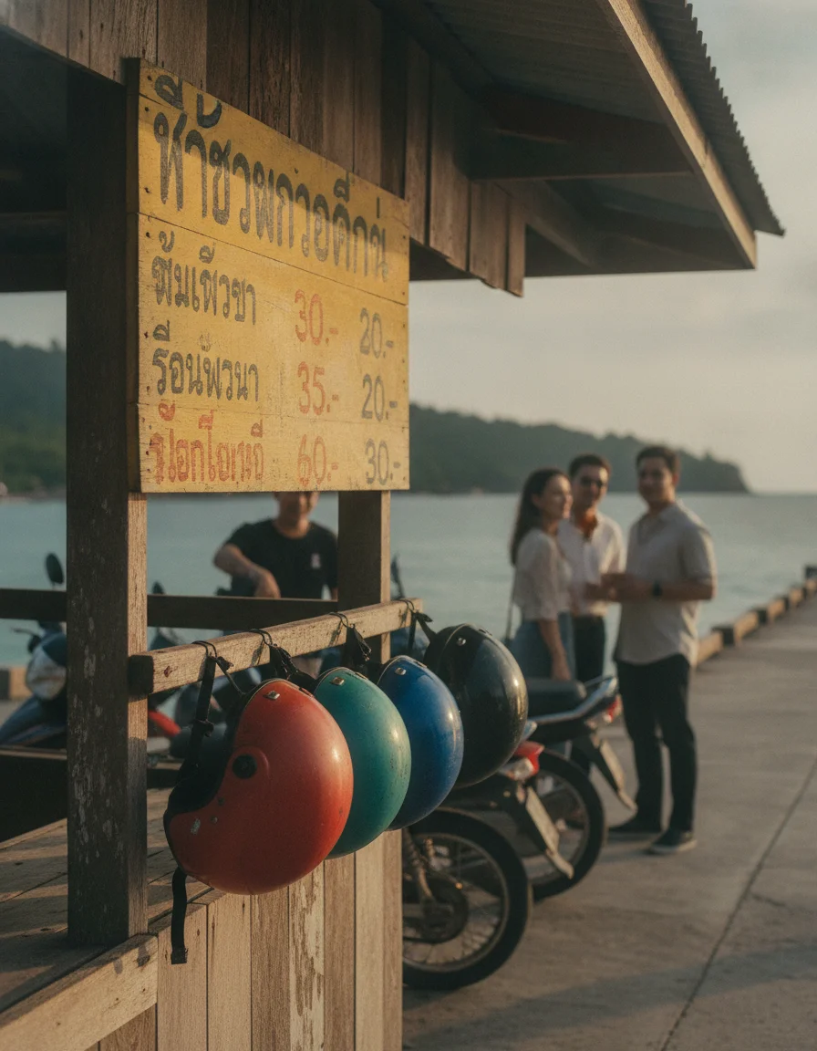 a practical or atmospheric scene at or near Koh Phayam — a local wooden motorbike rental station at the main pier, with helmets hanging from wooden pegs and a hand-written price board