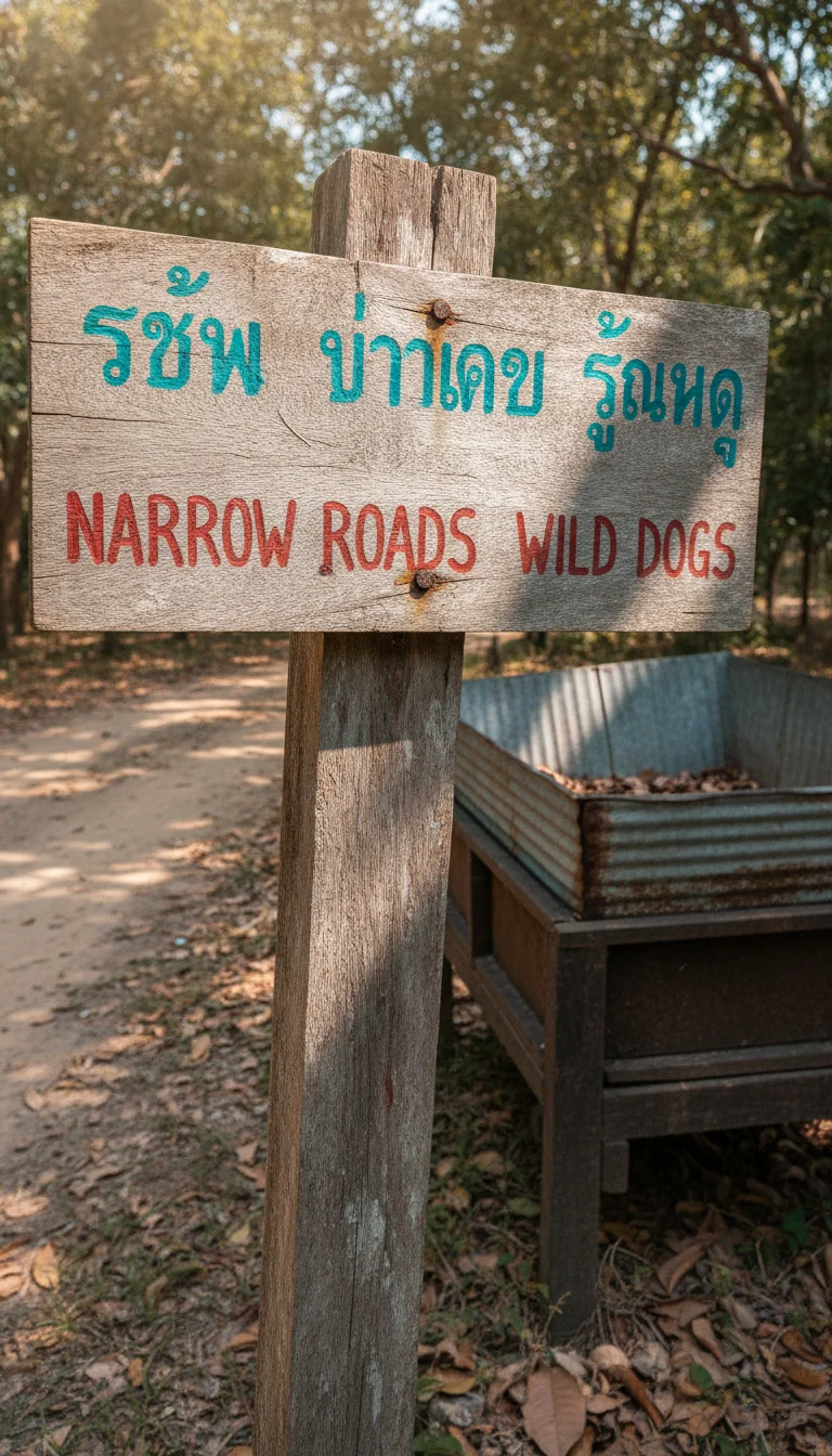 a detail shot of a landmark, local scene, food, or cultural element specific to Koh Phayam — a hand-painted wooden sign warning riders about narrow roads and wild dogs, with a rustic cashew-nut processing bin in the background