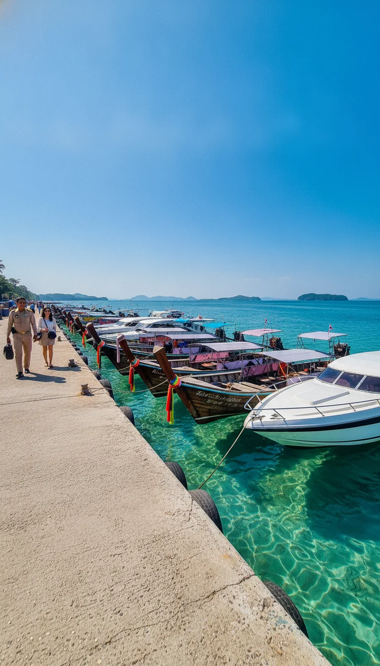 the approach road, bus station, ferry pier, or transport hub serving Koh Phayam — the bustling pier area at Ranong, with longtail boats and sleek speedboats moored along the concrete docks under a clear blue sky