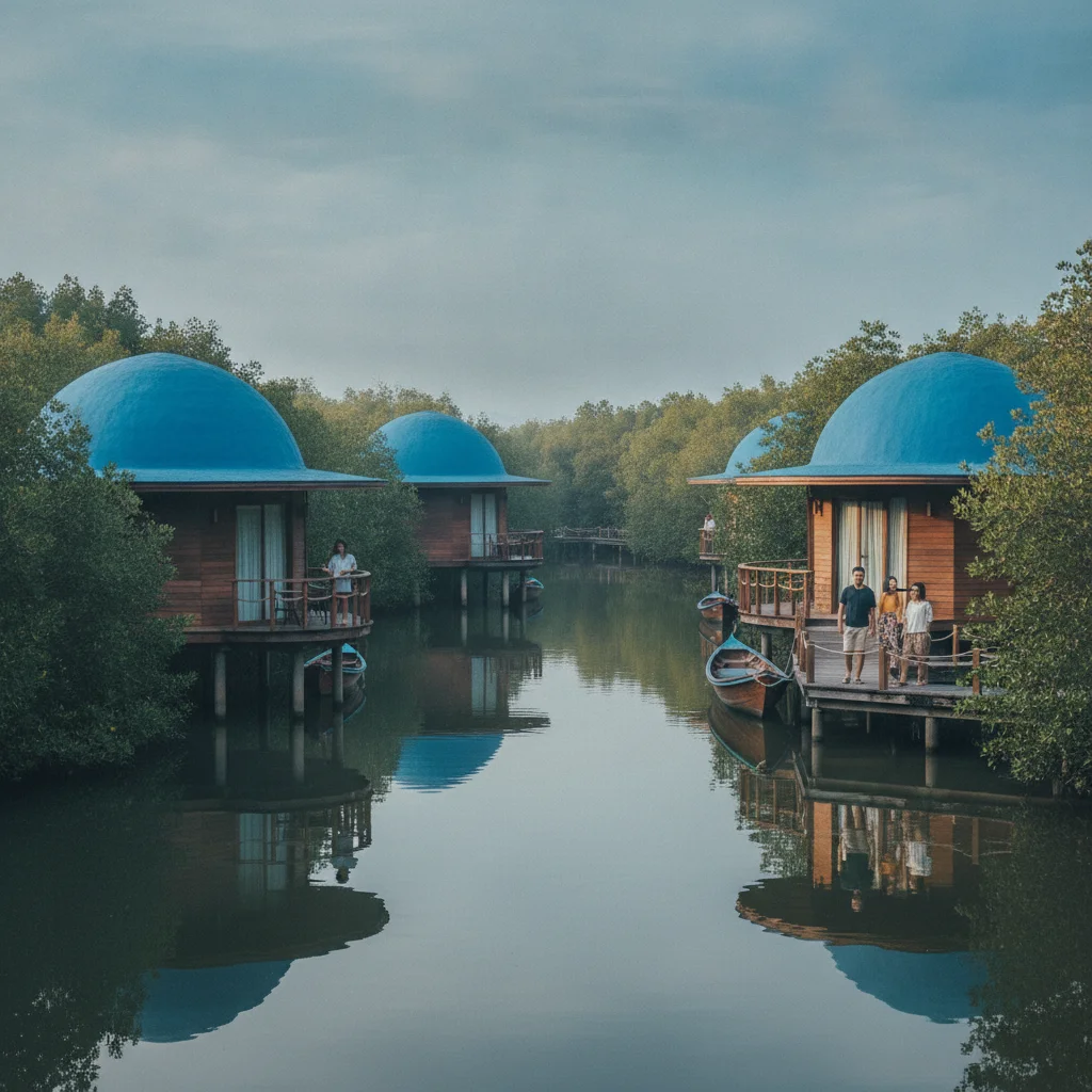 atmospheric shot showing a key landmark, viewpoint, market, temple, or natural feature at Koh Phayam — the distinctive blue-domed overwater villas of The Blue Sky Resort situated along the mangrove canal at high tide, reflecting in the calm water