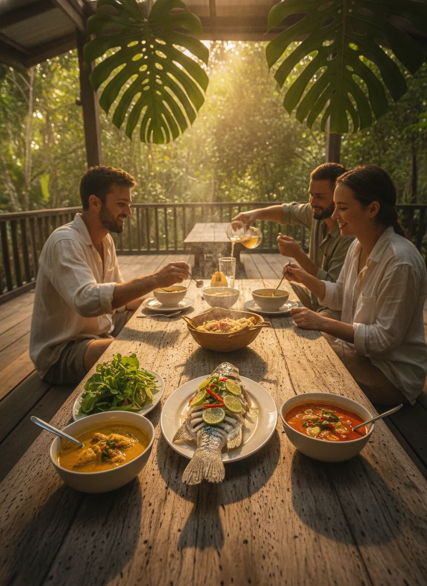 a scene showing the reality of daily life, food, or activity at Koh Phayam — patrons dining on low wooden tables at Krua Khun Kao restaurant, with fresh Andaman sea bass and curries served on traditional plates, surrounded by dense tropical foliage