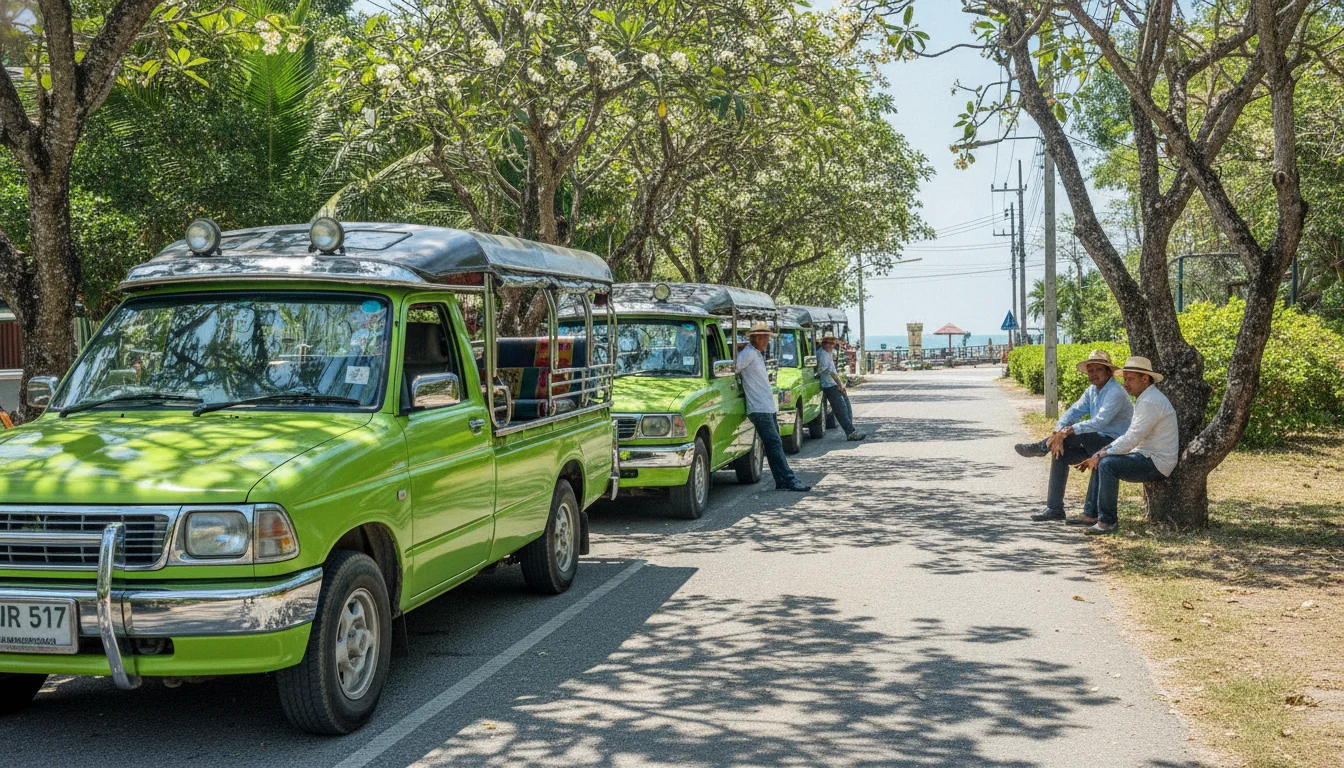 a practical or atmospheric scene at or near Koh Samet — A row of bright green songthaews parked along the side of the narrow paved road near Na Dan Pier, with drivers waiting under the shade of trees