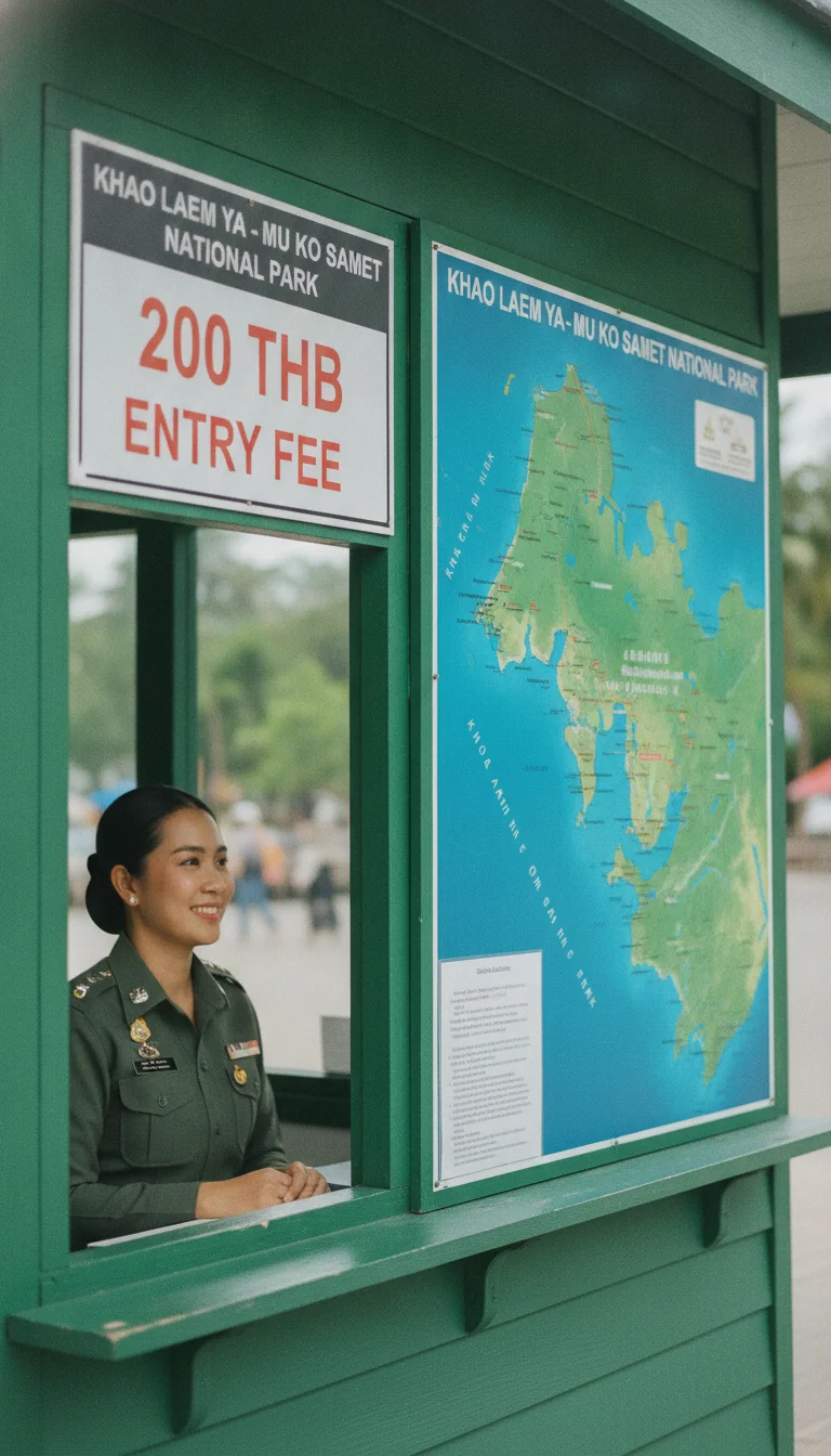 a detail shot of a landmark, local scene, food, or cultural element specific to Koh Samet — A close-up of the green national park ticket booth at Na Dan, showing the clear signage detailing the 200 THB entry fee for foreign visitors next to a map of Khao Laem Ya-Mu Ko Samet National Park