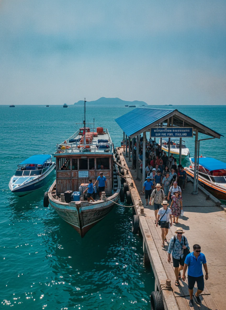 the approach road, bus station, ferry pier, or transport hub serving Koh Samet — The busy Ban Phe Pier in Rayong, showing the wooden public ferry docked alongside speedboats, with passengers boarding under a blue shelter and the blue sea stretching toward the outline of Koh Samet in the distance