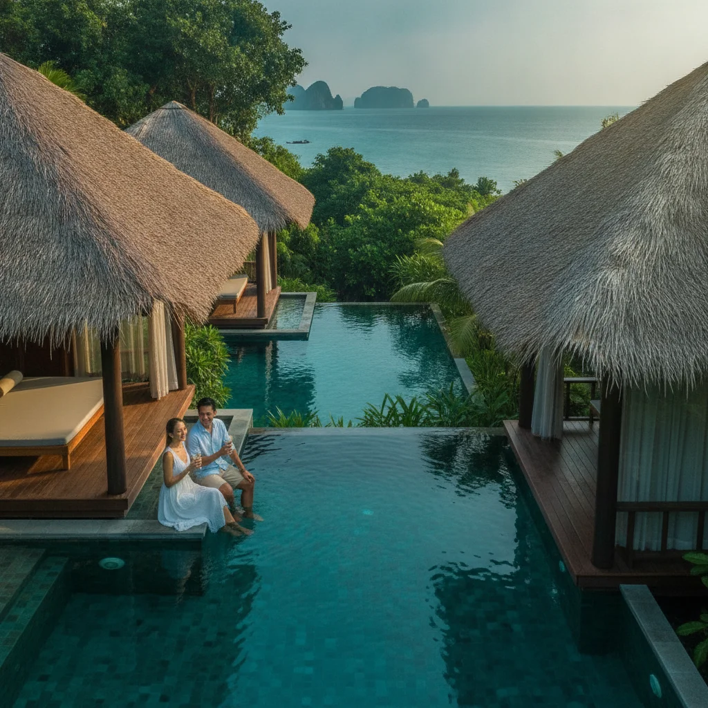 atmospheric shot showing a key landmark, viewpoint, market, temple, or natural feature at Koh Samet — The secluded luxury villas of Paradee Resort positioned along the quiet sands of Ao Kiew beach, showing thatched-roof bungalows, private plunge pools, and lush tropical gardens meeting the calm turquoise sea