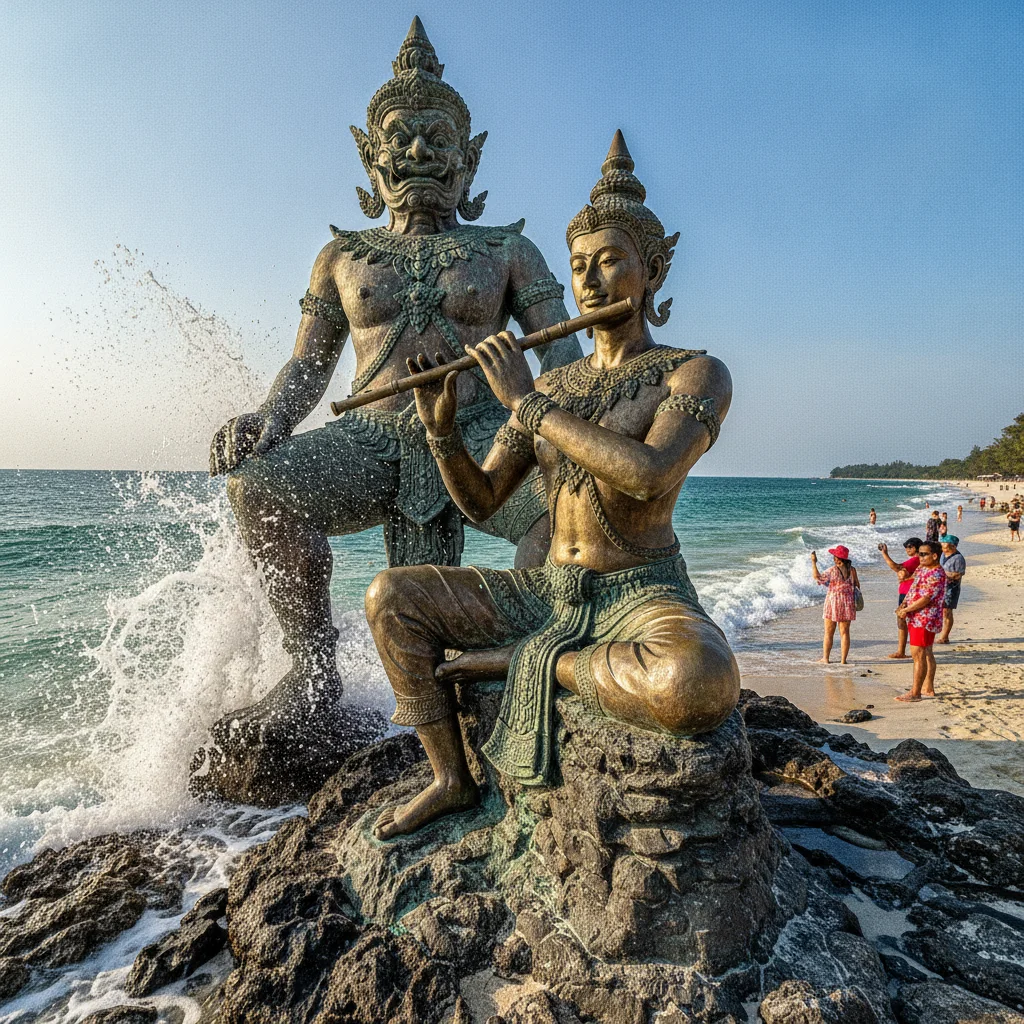 a scene showing the reality of daily life, food, or activity at Koh Samet — The iconic bronze statue of the giantess and Prince Phra Aphai Mani playing his magical flute on the rocks of Sai Kaew Beach, surrounded by splashing waves and visiting tourists taking photos
