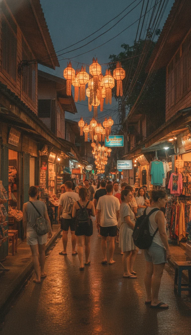 a practical or atmospheric scene at or near Koh Lipe - Satun — a view of the narrow Walking Street at dusk with glowing lanterns and people browsing the shops