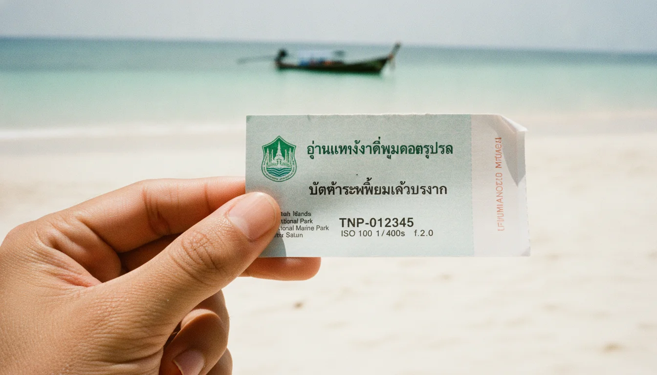 a detail shot of a landmark, local scene, food, or cultural element specific to Koh Lipe - Satun — the official Tarutao National Marine Park entry ticket being held against a backdrop of the sea
