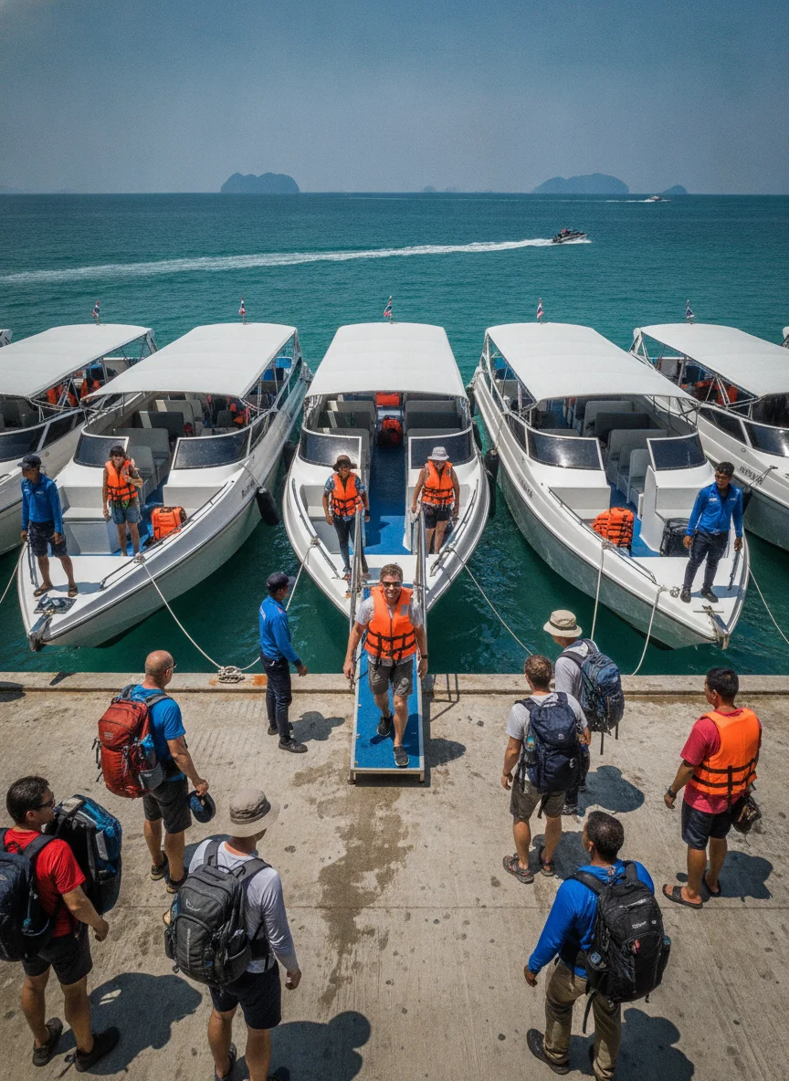the approach road, bus station, ferry pier, or transport hub serving Koh Lipe - Satun — the bustling Pak Bara Pier in Satun with several large speedboats docked and passengers boarding with backpacks