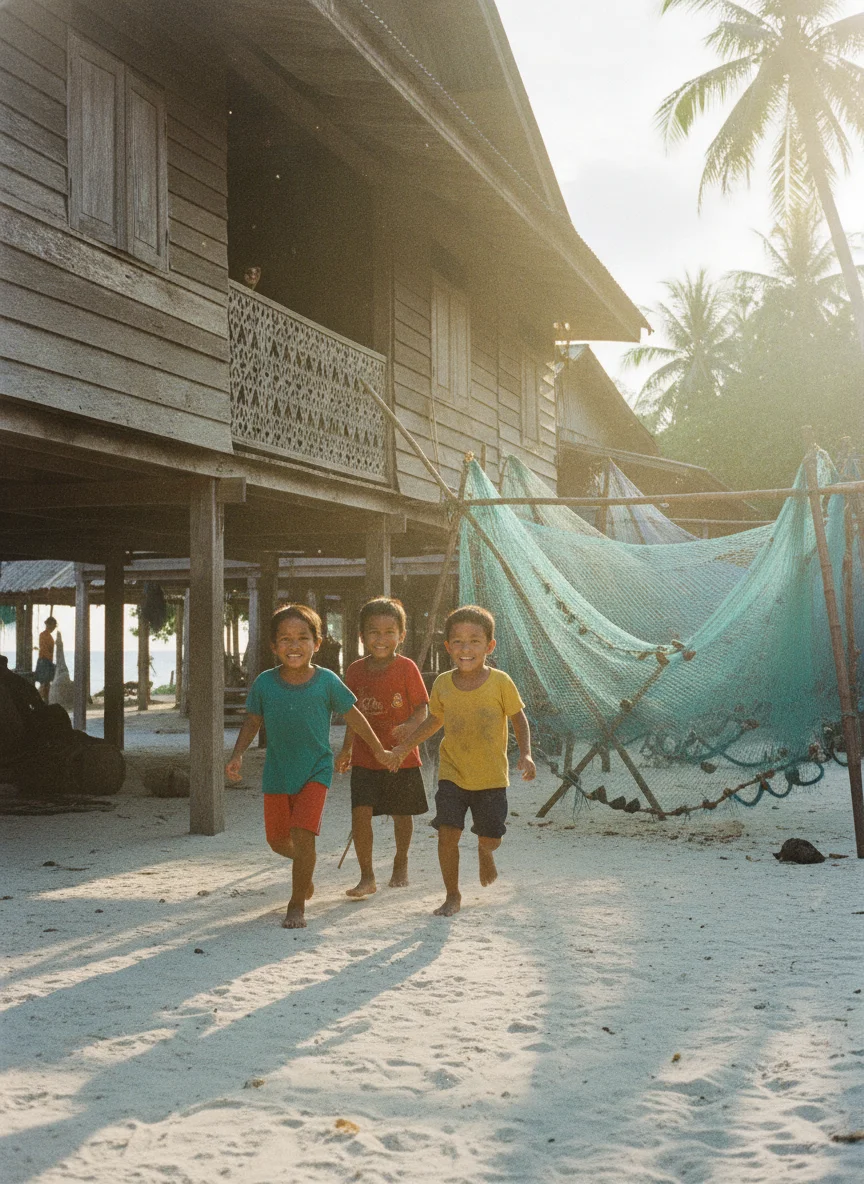 atmospheric shot showing a key landmark, viewpoint, market, temple, or natural feature at Koh Lipe - Satun — a traditional wooden house in the Chao Lay village with fishing nets drying in the sun and children playing nearby