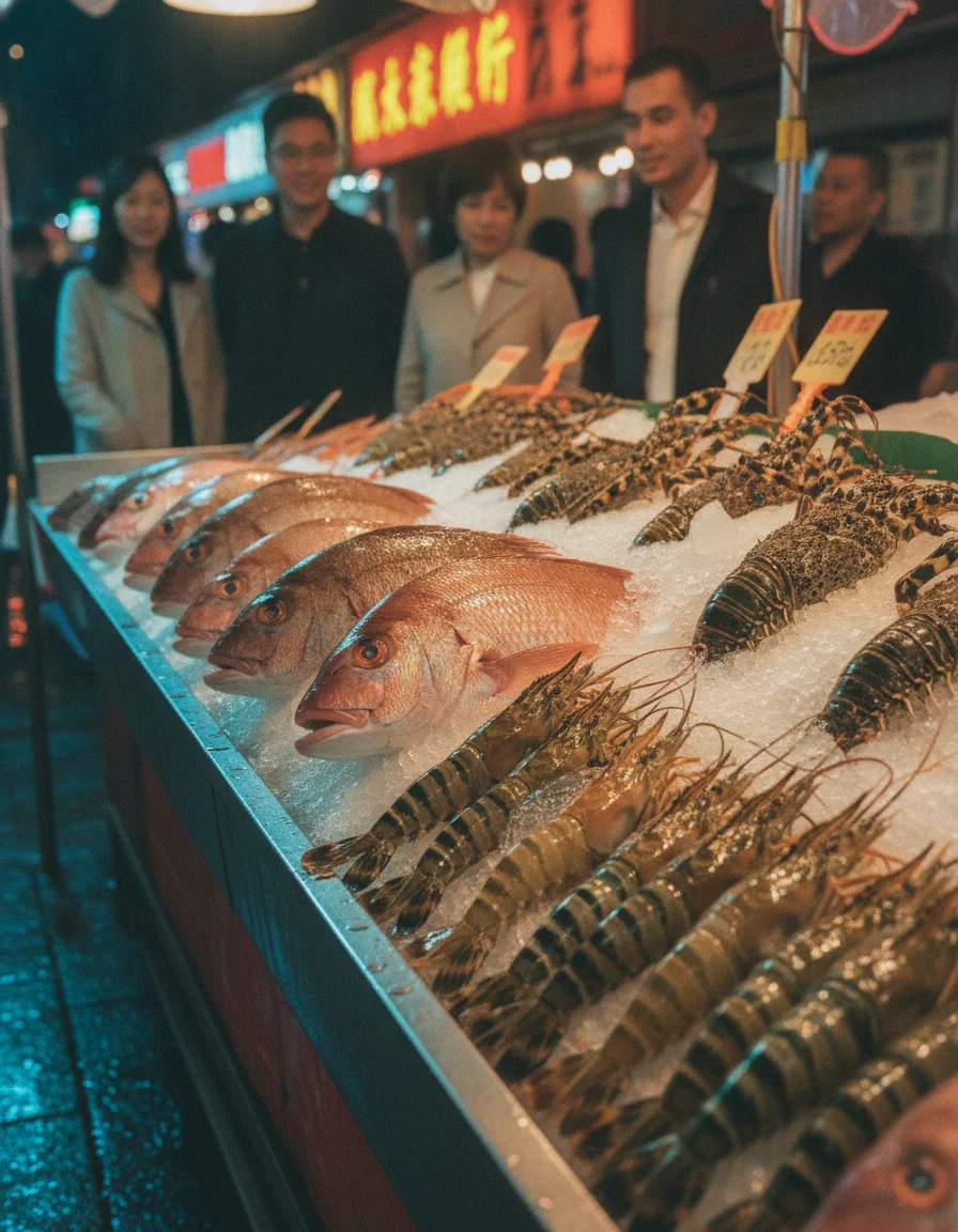 a scene showing a display of fresh seafood on ice outside a restaurant on Walking Street, featuring large red snappers, tiger prawns, and rock lobsters